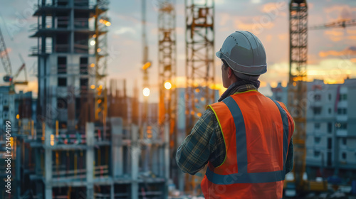 A construction worker in a reflective vest and hard hat observes the progress of a large building site at dusk.