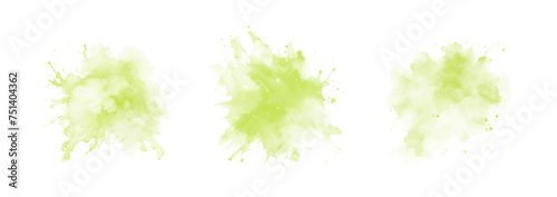 Set of abstract green watercolor water splash on a white background. Vector watercolour texture in salad color. Ink paint brush stain. Green splatters spot. Watercolor pastel splash