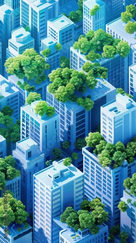 Blue city with buildings and rooftop trees, emphasizing city green spaces or urban reforestatio