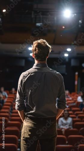 A male motivational speaker on stage in front of an audience, delivering a presentation.