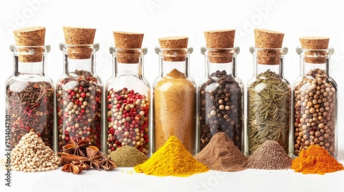 Assorted Spices in Glass Jars on White Background. Generative ai