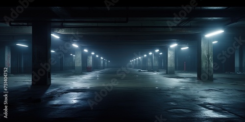 Midnight basement parking area or underpass alley. Wet, hazy asphalt with lights on sidewalls. crime, midnight activity concept. photo