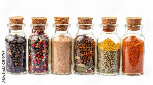 Assorted Spices in Glass Jars on White Background. Generative ai