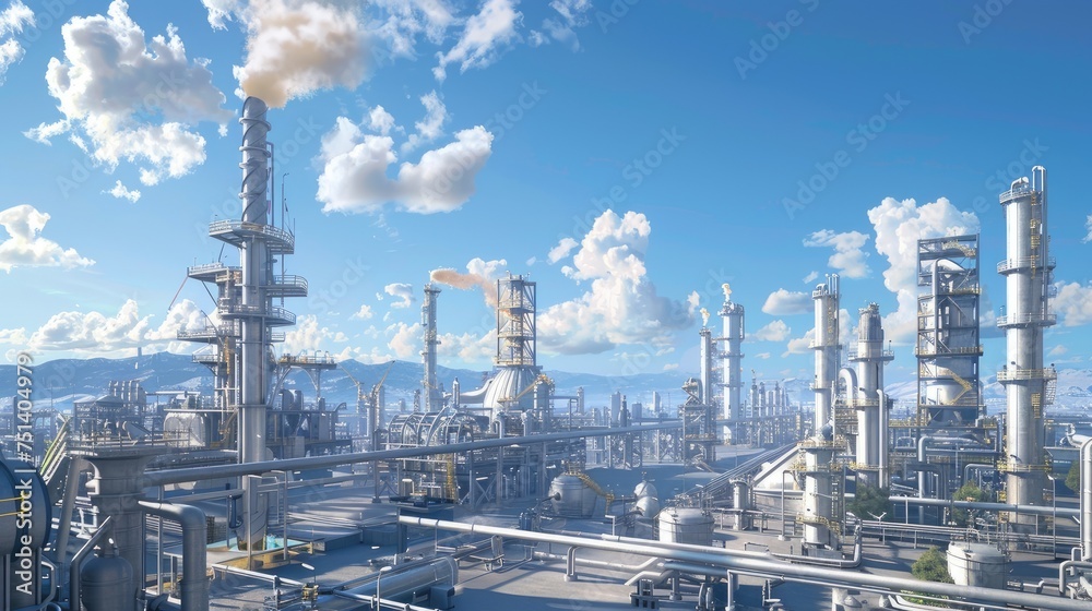 an oil refinery under clear skies and good weather conditions, highlighting the intricate machinery and structures against a backdrop of blue skies and fluffy clouds. an oil refinery under clear skies and good weather conditions, highlighting the intricate machinery and structures against a backdrop of blue skies and fluffy clouds.