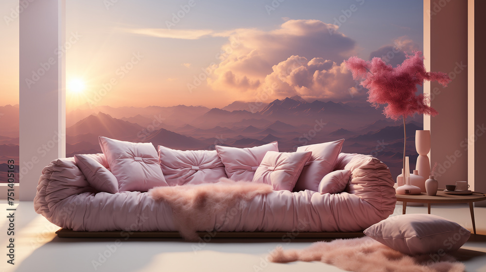 A bed among pink clouds - obrazy, fototapety, plakaty 