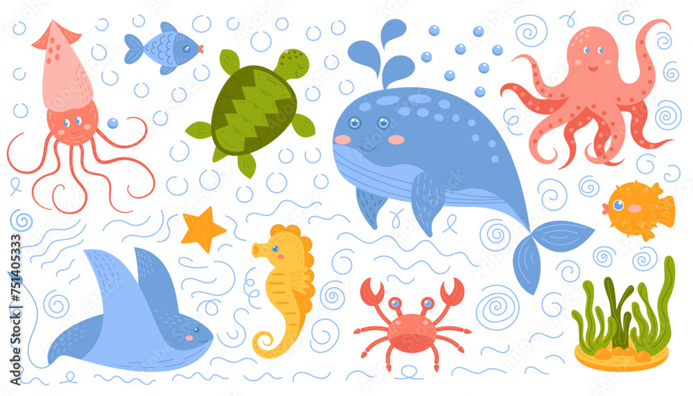 Set of cute sea animal. Underwater life. Vector illustration with hand drawn elements. Cute squid, while, turtle, octopus, stingray, fish, crab, seahorse. Fish and wild sea animals isolated on white