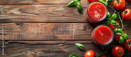 A top view of a wooden table featuring a jar of tomato sauce surrounded by ripe tomatoes. The setting offers a rustic and wholesome feel, with fresh ingredients ready for use.