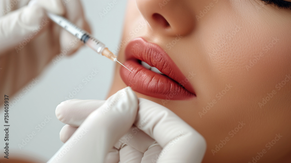Lip augmentation and correction procedure in a cosmetology salon. The specialist makes a beauty injection Lip augmentation and correction procedure in a cosmetology salon. The specialist makes a beauty injection