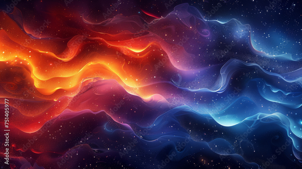 Cosmic Flow of Abstract Space Waves Background.
Abstract cosmic waves with a celestial blend of deep blues and fiery reds. - obrazy, fototapety, plakaty 