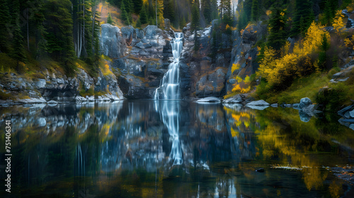 Waterfall Reflection: Serene Shot Capturing the Majestic Cascade Mirrored in Crystal Clear Waters