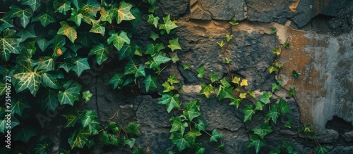 Lush green ivy climbs the weathered surface of an ancient stone wall, adding a touch of natures beauty to the rugged backdrop. The ivy intertwines with the crevices of the stones as it reaches upwards