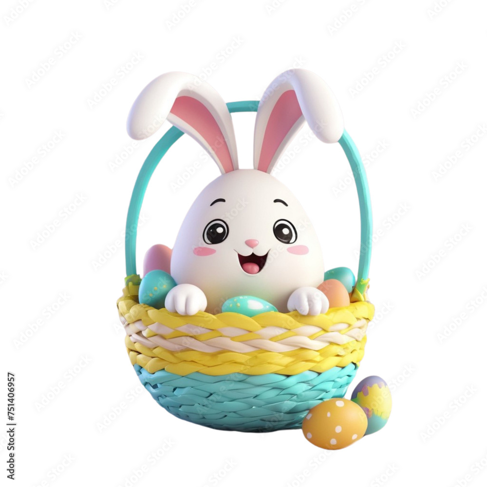 a 3d easter basket with eggs and bunny on isolated transparent background png, generated with AI a 3d easter basket with eggs and bunny on isolated transparent background png, generated with AI