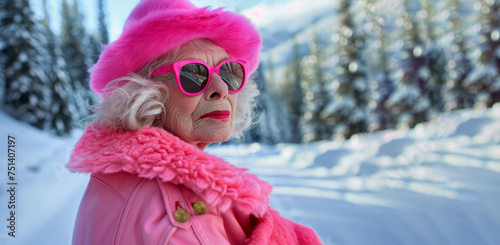 A woman in a pink hat and sunglasses stands in a snowy field. She looks happy and is wearing a green jacket. older women love red hot winter, in the style of pop art-inspired visuals, pink