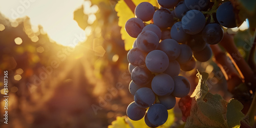 Bunch of ripe blue grapes in the vineyard in the sunset sunlight, distillery photo