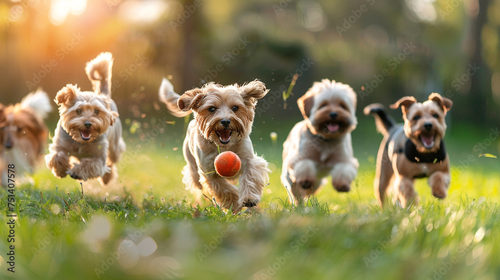 Playful Pet Interactions: An image featuring pets engaging in playful activities such as chasing a ball, playing with toys, or frolicking in the grass, highlighting the joy. Generative AI