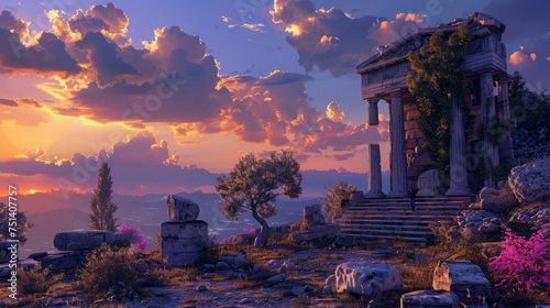 Ancient Greek temple ruins at sunset with a scenic view of the mountainous landscape and sea