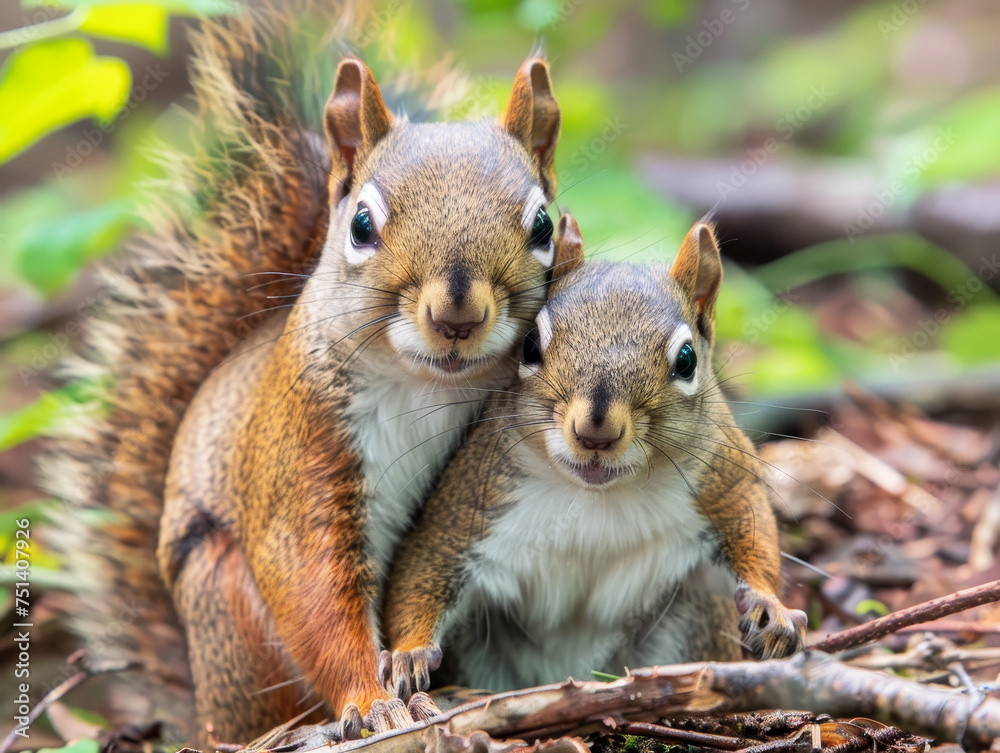 Fototapeta premium A mother squirrel protecting her baby in the forest.
