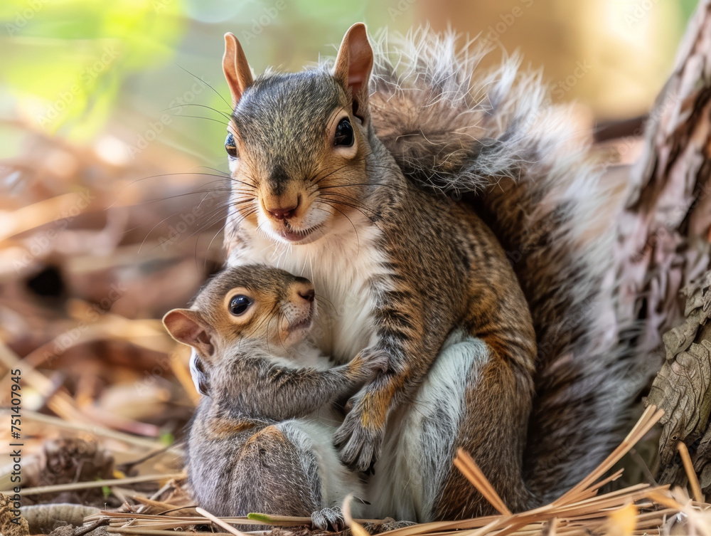 A mother squirrel protecting her baby in the forest. A mother squirrel protecting her baby in the forest.