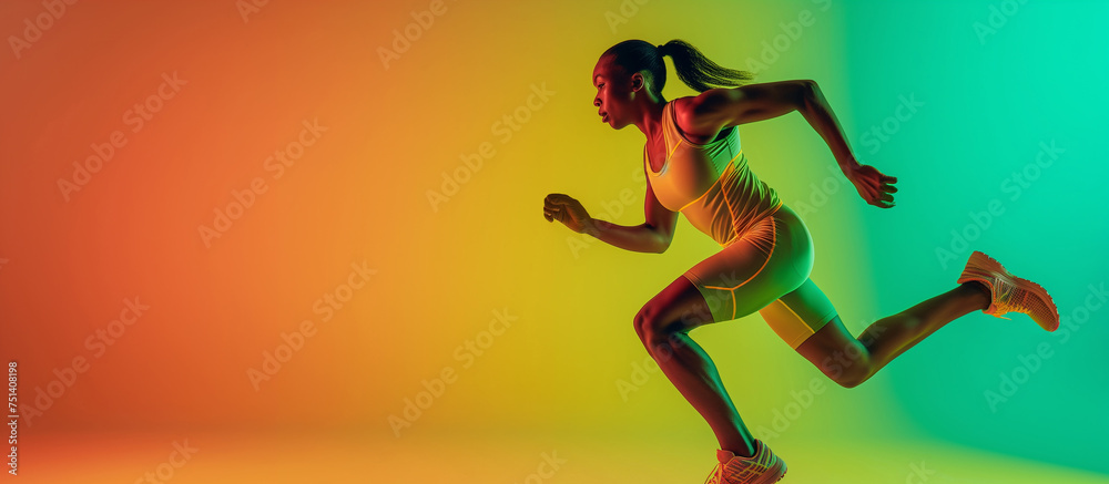 Sporty woman runner in silhouette on yellow background in Dynamic movement. Sport and healthy lifestyle