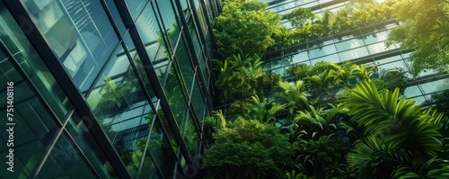 Architecture image with a modern glass building with a lot of green plants trees and bushes for business architecture environmental friendly and eco-concept photo