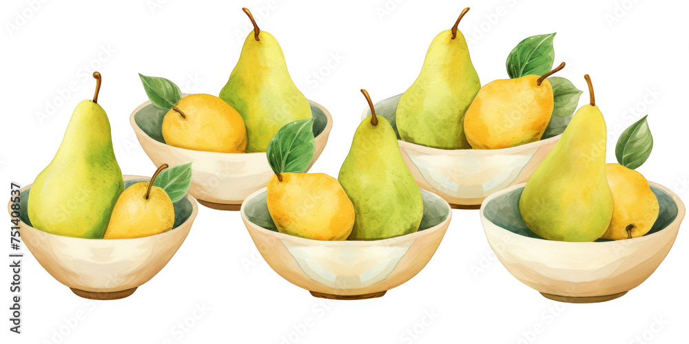 watercolor art of pear in white bowl isolated on a white background as transparent PNG