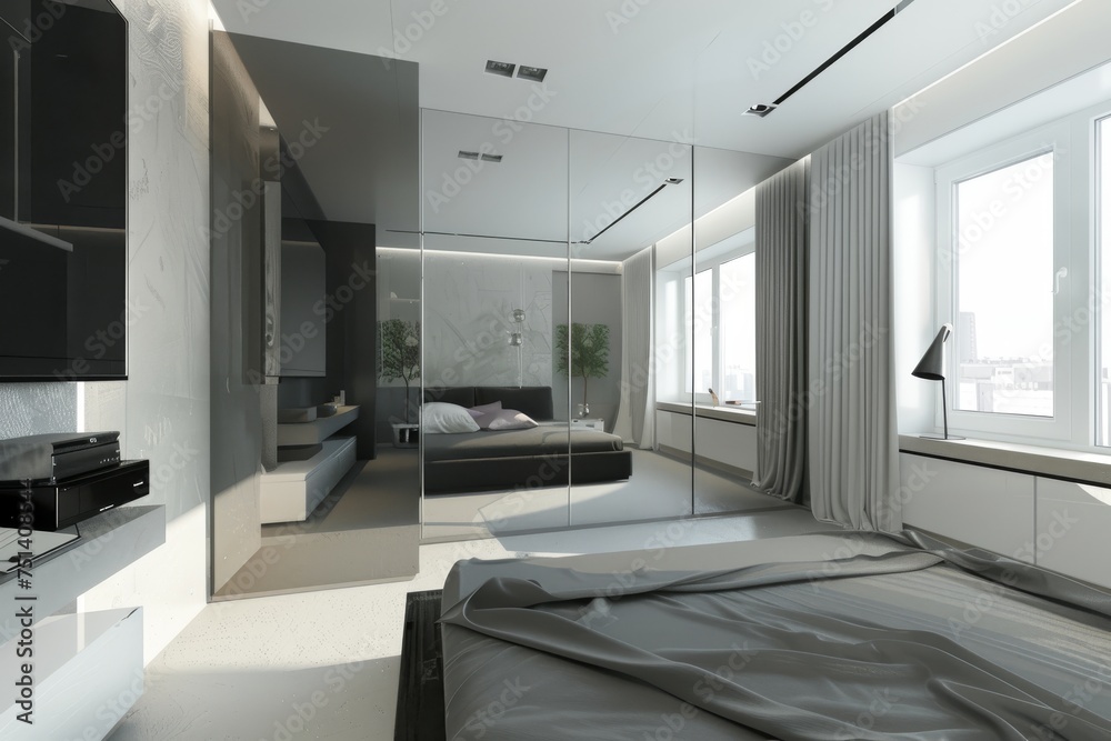 Elegant modern bedroom interior with a large cozy bed and stylish mirrored wardrobe Elegant modern bedroom interior with a large cozy bed and stylish mirrored wardrobe