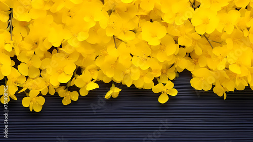 Top view of bright yellow rapeseed flowers field, perfect wallpaper photo
