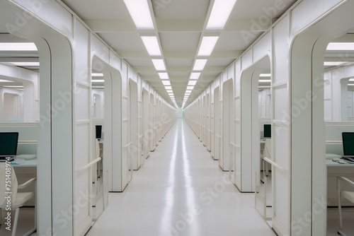 a white hallway with white doors