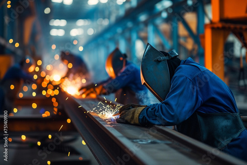 men metallurgy workers in the foundry work in an industrial warehouse doing welding