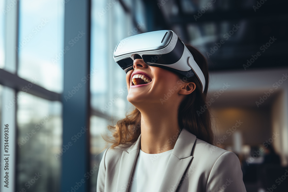Business woman in formal suit using vr device goggle virtual reality ai experience planing and stretegy process work plan in office Business woman in formal suit using vr device goggle virtual reality ai experience planing and stretegy process work plan in office