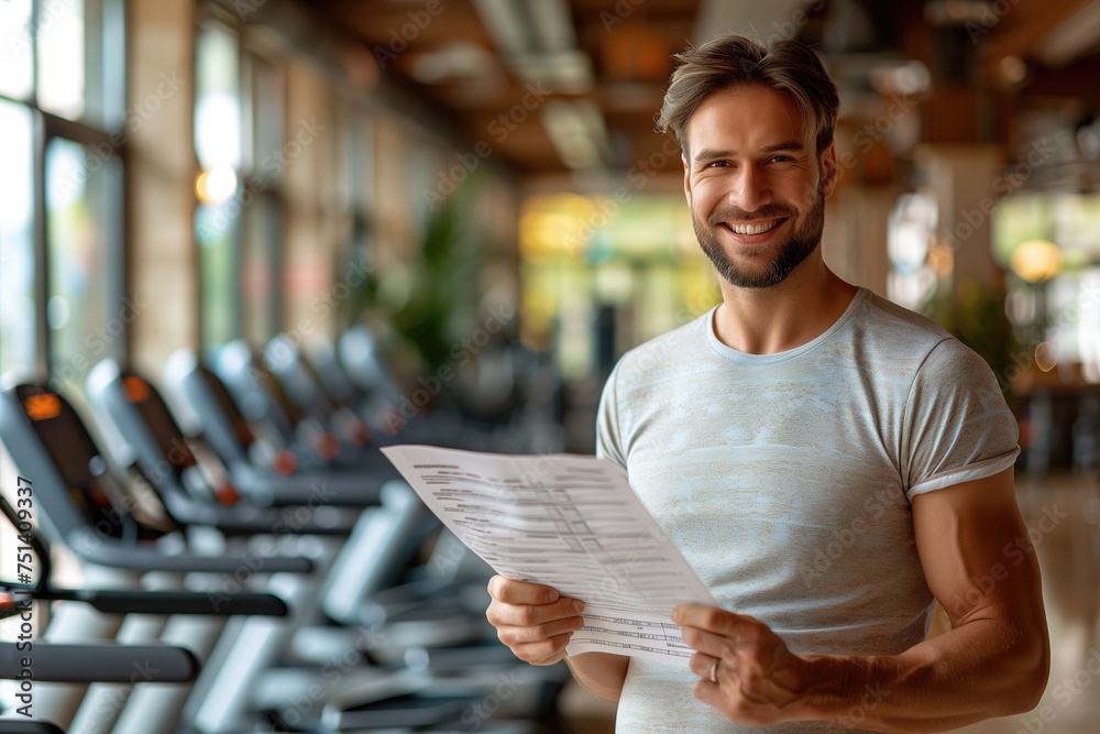 The man stands in front of a gym, holding a membership renewal form in one hand and clutching his belly with the other - obrazy, fototapety, plakaty 