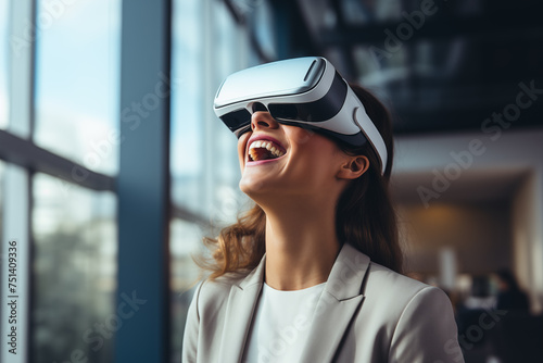 Business woman in formal suit using vr device goggle virtual reality ai experience planing and stretegy process work plan in office