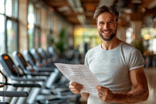 The man stands in front of a gym, holding a membership renewal form in one hand and clutching his belly with the other