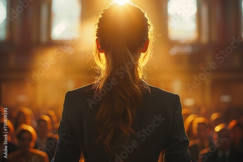 Dressed in an elegant suit, a woman stands proudly on stage amidst applause and admiration, receiving recognition and accolades for her outstanding achievements and contributions 
