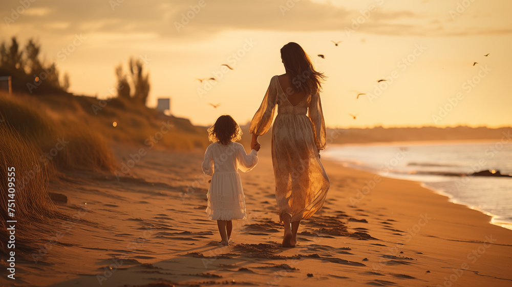 Mother walking with her child along a beach park at sunset - obrazy, fototapety, plakaty 