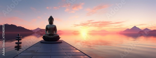 Big buddha statue with lotus flowers. Buddha silhouette, background beliefs of Buddhism photo