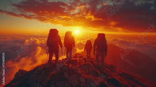 Teamwork concept with man helping friend reach the mountain top, spectacular mountain sunset landscape 