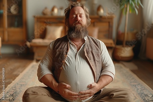 The man attempts a yoga pose, struggling to reach his toes as his belly gets in the way, capturing the comedic aspect of trying to maintain flexibility with extra weight 