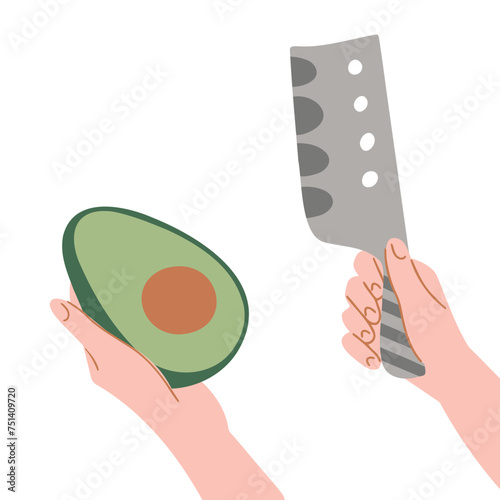 hand holding avocado on isolated background vector banner. Proper nutrition, veganism. Eco-product. Avocado in hand Stylish flat vector illustration with space for text