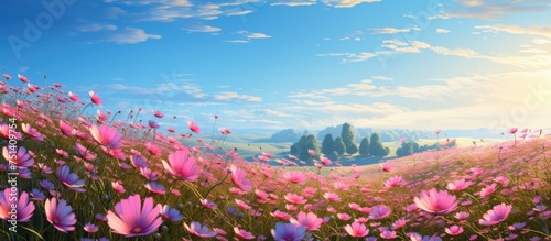 A vast field filled with pink cosmos flowers stretches under a clear blue sky. The vibrant pink blooms contrast beautifully against the bright blue backdrop, creating a stunning natural spectacle.