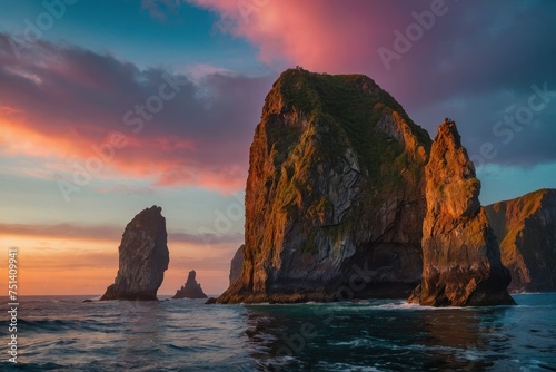 Breathtaking scenery of sea stacks during sunset under the colorful sky