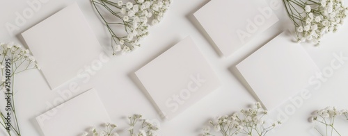 Spring Inspiration Unveiled: A Top-Down View of Clean White Postcards with Delicate Flowers