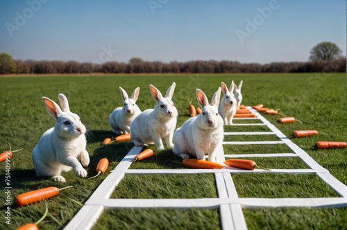 rabbits in the garden. The rabbits are squatting on the green grass. In front of them is a white painted line acting as a track, with many scattered carrots as track markers on the line. © sidra_creations