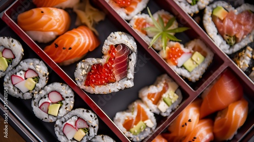An overhead shot of a bento box filled with an assortment of heart-shaped sushi rolls, each one a unique flavor sensation.