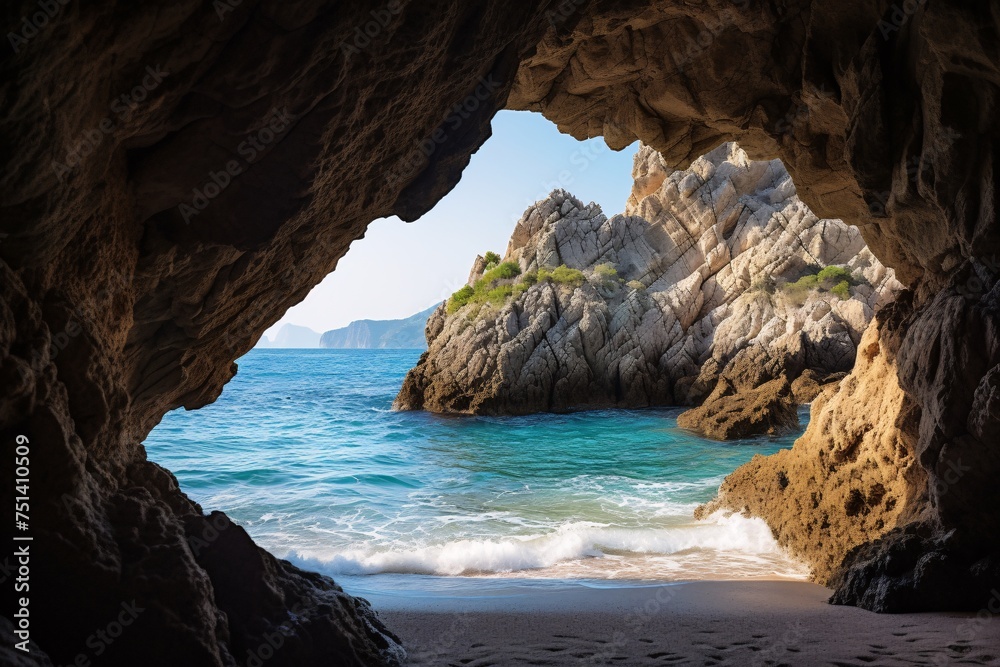 a cave with a beach and water
