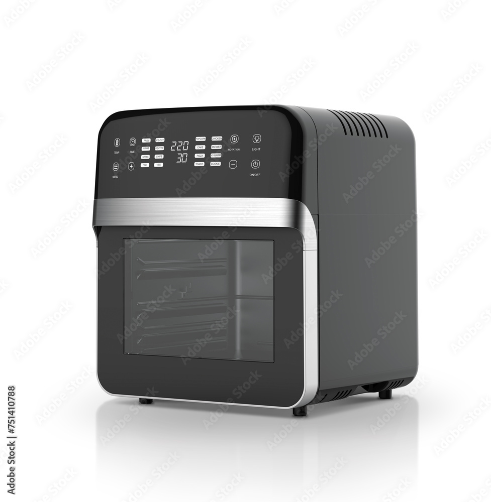 new modern ai high technology luxury beautiful electronic product design air fryer black square machine for bake cook fried skew on white background for house kitchen and restaurant