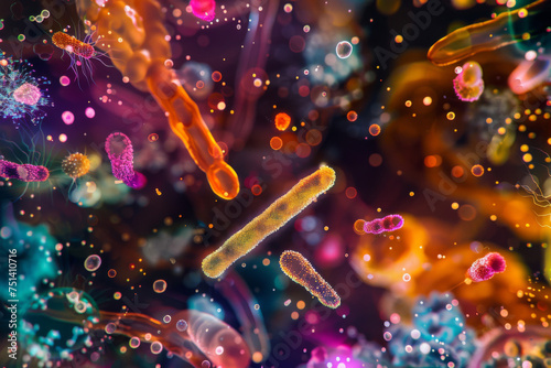 Bacteria diversity under microscopic magnification background, dangerous microorganism strain for medical health, prokaryotic cells. photo