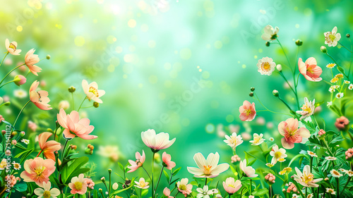 Spring meadow with flowers, colorful background with space for text