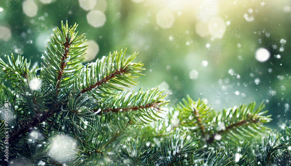 Beautiful green fir tree branches close up. Christmas and winter concept