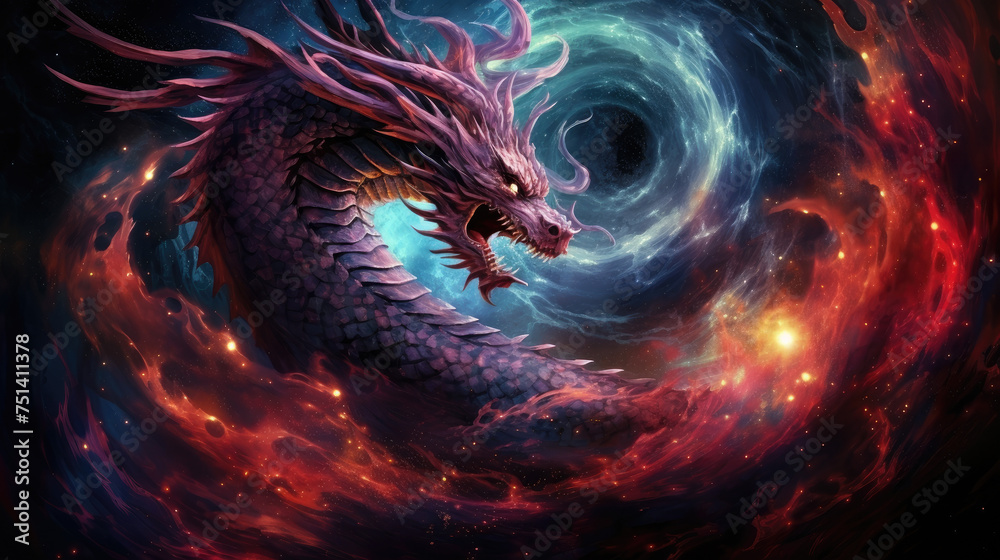 Cosmic dragon in space, cosmic abstract background. Chinese Dragon Zodiac sign. Colorful dragon nebulae, shimmering stars, and dust clouds. Constellation stars in outer space